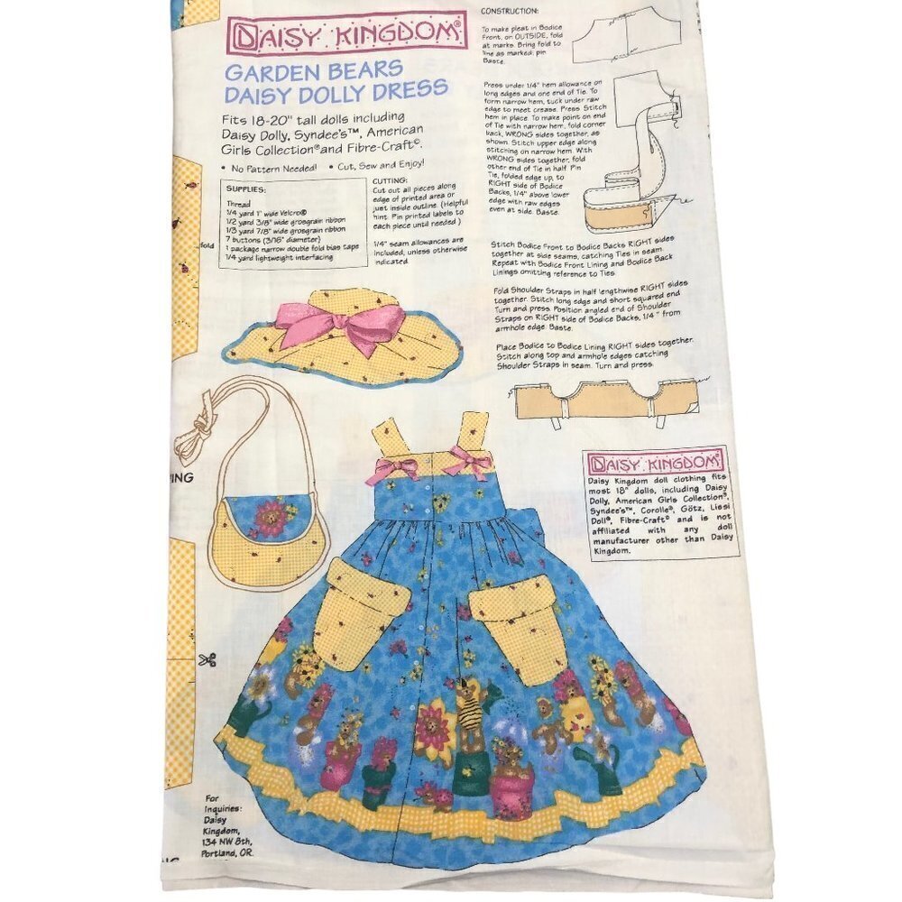 Daisy Kingdom Garden Bears Doll Dress Cut and Sew Fabric Fits 18'-20" Dolls New
